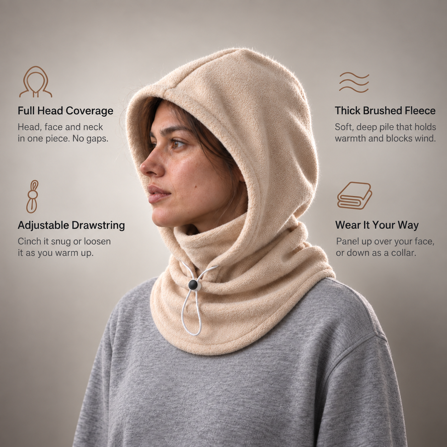 Winter hood with integrated face panel and neck cowl