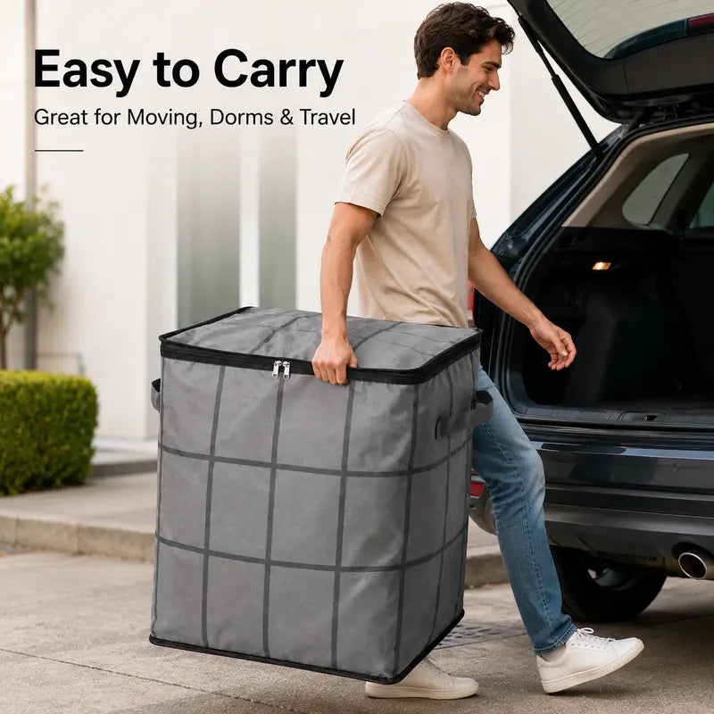 Person carrying the oversized foldable storage bag near a car