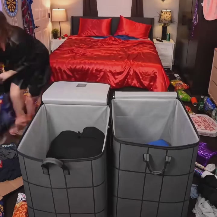 Preview of bedding and clothing being organized in the storage bag